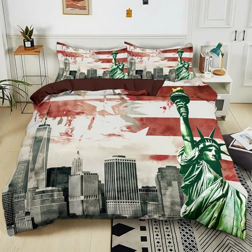 Parure de lit pour Enfant 140x200 cm New York États-Unis Housse de Couette Polycoton Ensemble de Literie Linge de Lit avec Taies d'oreiller, pour Décoration Chambre à Coucher