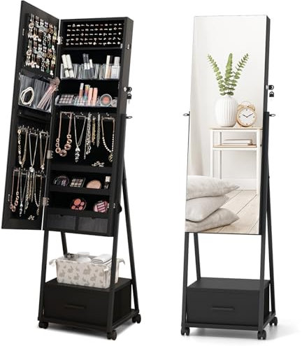 HOMASIS Armadietto Portagioie con Cassettiera, Specchio Portagioie da Terra Rimovibile con 4 Ruote con Freni, Organizzatore per Gioielli con Serratura, con Specchio a Figura Intera (Nero)