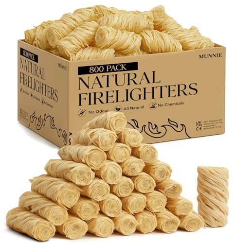 Munnie Natural Firelighters – 800 Eco Wood Wool Fire Lighters for BBQ, Fireplace, Stove, Campfire – Odourless, Fast Lighting, Eco-Friendly Kindling – Long Burn, Non-Toxic, All-Natural Fire Starter