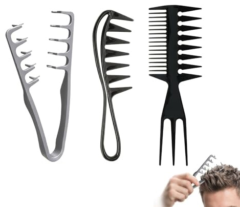 3 stycken lockkam herrset, texturkam och stylingkam för män, grovfärgad kam för naturliga lockar och volym, professionell frisörhårkam för frisörstilar, svart och grå