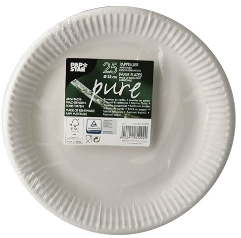 Papstar Platos de papel desechables, redondos, 25 unidades, de cartón 100% de fibra fresca, diámetro de 23 cm, aptos para alimentos, compostables, para fiestas, cumpleaños, fiestas de jardín #81202
