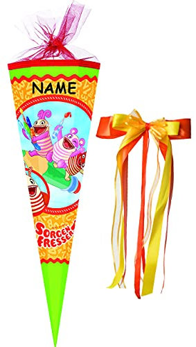 alles-meine.de GmbH Schultüte - Sorgenfresser - 22 cm - rund - incl. Namen und große Schleife - mit Tüllabschluß - Zuckertüte - mit/ohne Kunststoff Spitze - für Mädchen & J..