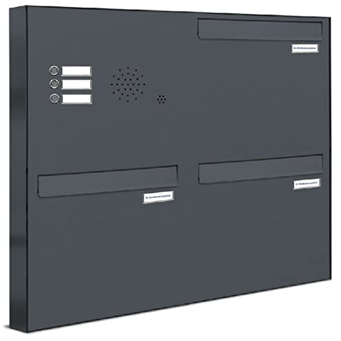 AL Briefkastensysteme 3er Briefkasten für Tür/Zaundurchwurf mit Klingel, in Anthrazit Grau RAL 7016, 3 Fach Briefkastenanlage Design modern