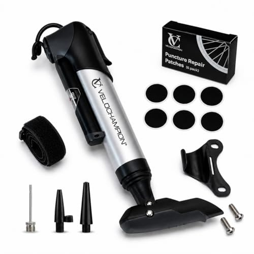 VeloChampion Mini cykelpump med ramfäste | bärbar kompakt legering cykelpump med ramfäste | Presta, Schrader och Dunlop-ventiler | för väg, berg, E-cykel (legering 9 pump + lappar 6 st)