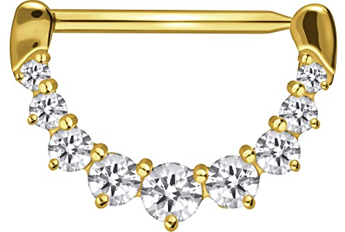 PIERCINGLINE Chirurgenstahl Nippelpiercing Clicker 9 KRISTALLE Piercing Brust Nippel Brustwarze Goldfarben 16 mm