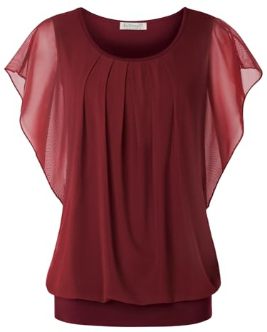 BAISHENGGT Damen Sommer Netz Bluse Flatter Kurzarm Tshirt Rundkragen Falten Elegant Oberteile Blusen Top