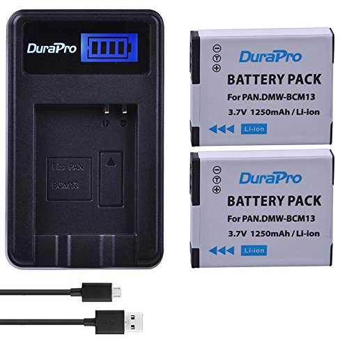 DuraPro 2 paquetes de 1250 mAh DMW-BCM13 batería + cargador USB LCD para cámaras Panasonic Lumix ZS40 / TZ60, ZS45 / TZ57, ZS50 / TZ70, ZS27 / TZ37 y TZ41