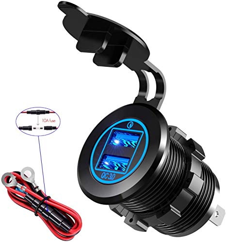 Cargador Coche USB Carga Rápida 3,0, Adaptador USB Resistente Al Agua Fusible 10 A para Barco Marino 12 V/24 V, Carro, Camión, Motocicleta (Azul)