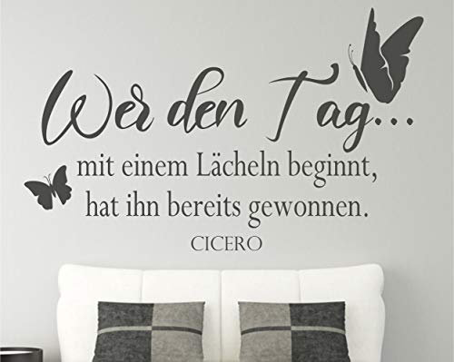 timalo® Modernes Wandtattoo fürs Wohnzimmer Spruch – Wer den Tag mit einem Lächeln beginnt Cicero | 75027-Schwarz-M-120x73