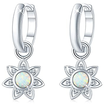 Lotus Flower Earrings 925 Sterling Silver Opal Hoop Earrings Hypoallergenic Earrings Flowers Opal Jewellery Flower Stud Earrings Gifts for Women Girls Children