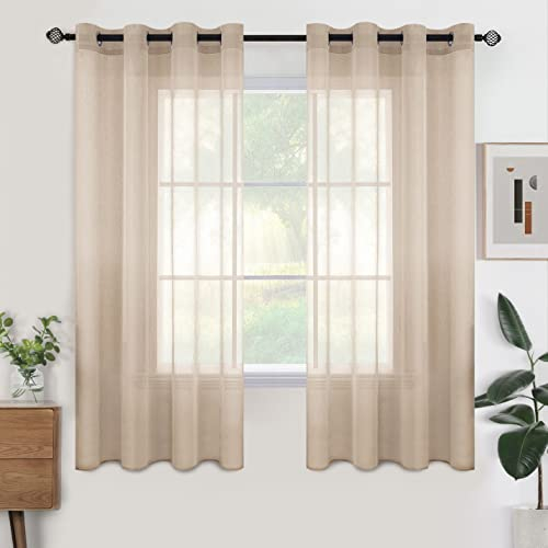 Woaboy Voile Gardinen Kurz Vorhänge Transparent Wohnzimmer mit Ösen Stores Gardinen Schlafzimmer Ösenvorhang Scheibengardine Schlaufengardinen Modern 2er Set 140x175 cm (B x H) Beige