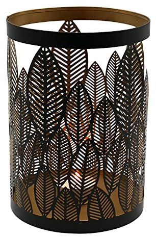 Windlicht aus Metall/Blatt Dekor in Schwarz/innen Gold/Maße L/B/H: ca. 18 x 13 x 18 cm