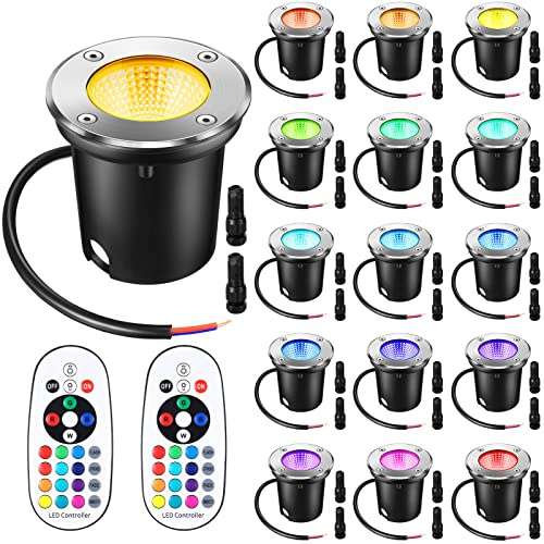 Tuanse 16 Pack Low Voltage Landscape Lights with 32 Connectors and 2 Remotes, RGBW Colored LED Well Lighting 12V-24V Waterproof Outdoor In Ground Lights for Garden Pathway Deck