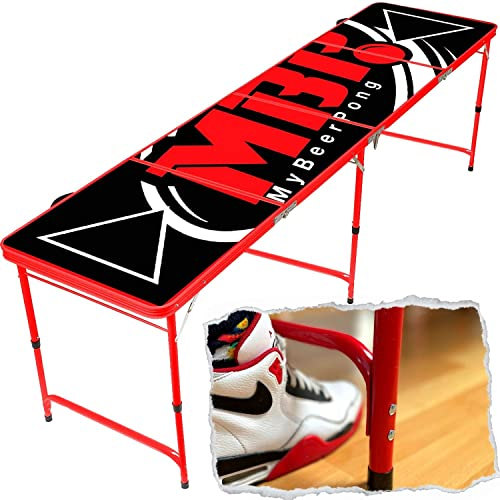 MYBEERPONG® Turnier Beer Pong Tisch + 6 Bierpong Bälle | stabiles Bierpong Set, rotes Gestell | Bundesliga Maße | Trinkspiel für Party & Festival