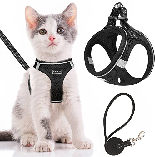 SALFSE Katzengeschirr und Leine, ausbruchsicher, verstellbar, weiches Netz-Kätzchenweste, Geschirr zum Spazierengehen, reflektierendes Haustiergeschirr für Katzen, kleine Hunde, Welpen (schwarz, XXS)