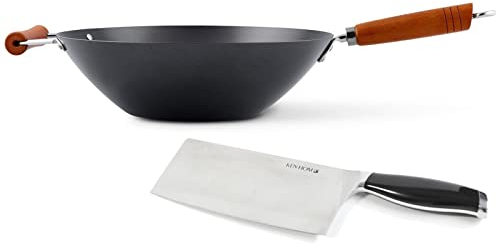 Ken Hom Wokpfanne 35 cm - Karbonstahl Antihaft Wok mit Holzgriff & Hackmesser 18 cm - Stielwok mit Gegengriff für Gas, Elektro & Glaskeramik - nicht induktionsgeeignet