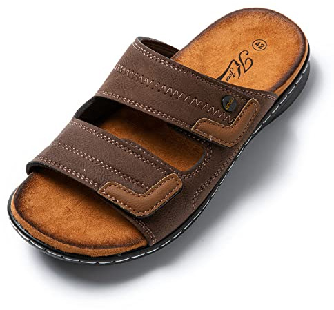 JOMIX Sandales Homme en Cuir Chaussures de Plage Tongs Hommes Chaussons d'été Confortables pour Maison Piscine Mer Douche (Marron, 41)