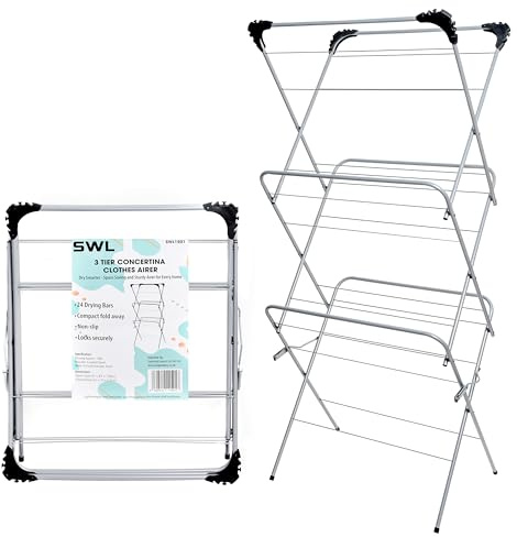 SWL 3 Tier Clothes Airer | Foldable Drying Rack Indoor & Outdoor | Heavy Duty Steel Clothes Horse with 14M Drying Space & Hanger Slots | Compact Laundry Drying Stand (Silver Grey)
