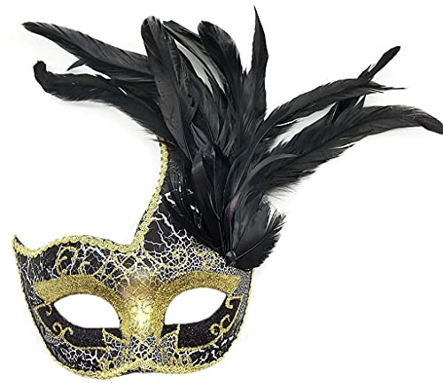 JIAHG Womens Feather Masquerade Mask Mysterious Halloween Costume Half Face Mask Eye Mask with Red & Black Plumes Elegant Venetian Mardi Gras Mask Fancy Dress Cosplay Masks