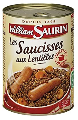 WILLIAM SAURIN - Saucisses Lentilles 420G – Délicieuse conserve de légumes et viande pour une pause salée savoureuse de haute qualité. - Lot De 4