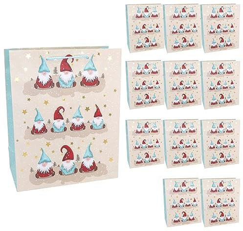 Idena 30339-12 - Geschenktüten Wichtel, 12 Stück, 26 x 32 x 12 cm, Papiertüten, Geschenktaschen, Weihnachtstüten