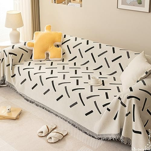 Mesnt Sofabezug 4 Sitzer Big Sofa, Chenille Sofaüberwurf Decke Couch mit Rechteckgeometrie Schwarz, 180x360CM