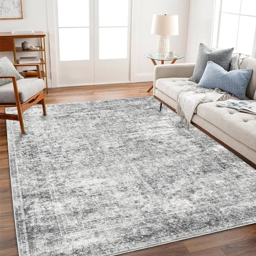 CHAMPLANT Area Rug 8x10 Washable Rug Gray Vintage Traditional Mat Distressed Indoor Foldable Thin Retro Accent Floral Non Slip Carpet Living Room Dining Room Office