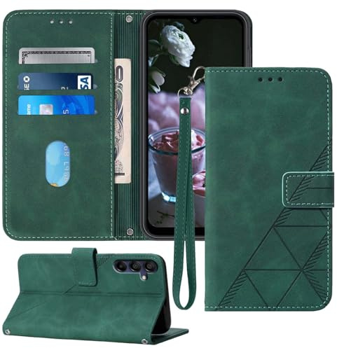 Moment Dextrad Flip Wallet Case for Samsung A15 5G with Wrist Strap, Green | Embossed PU Leather, Detachable Wrist Strap, 3 Card Slots, Cash Pocket, TPU Protection, Magnetic Closure, Stand Cover