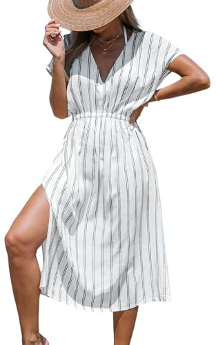 CUPSHE Women's Midi Beach Cover Up Dress V Neck Short Sleeve Striped Bathing Suit Coverups XS-XXL White, XS