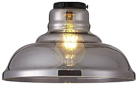 Britalia Smoked Shallow Dome Glass Vintage Easy Fit Pendant Light Shade | 28cm Diameter | Black Metal Top Cap | None Electric Retro Ceiling Light | Fits E27 ES Lampholders