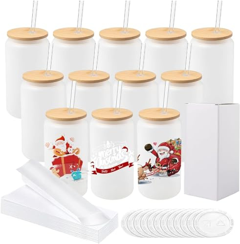 Malloom 12 Stück Sublimationsglasrohlinge mit Deckel, 473 ml, mattiert, Sublimations-Bierdosenglas, Strohhalme und Geschenkbox, Becher für Eiskaffee, Saft, Limonade