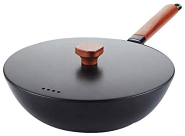 OQHAIR Sartén Wok, sin Productos químicos, 100% Acero al Carbono, sartén para saltear con Mango de Madera Desmontable, Olla de Hierro Chino de Fondo Plano Resistente a los arañazos para e