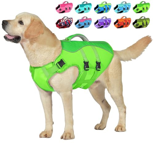 Dog Life Jacket, High Buoyancy Dog Life Vest with Handle for Swimming Boating, Adjustable Swimming Vest with Reflective Trim for Small Medium Large Dogs - Green, XS