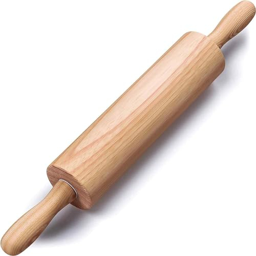 CHEFZOCO Rodillo de cocina, Rodillo de repostería, Rodillo de Amasar con Rodamientos, Rodillo para hacer Pan, Rodillo para pizza, Fabricado en Madera de Haya, Largo 44 cm, Diámetro 4.8 cm