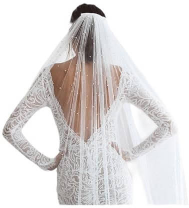 Kopfschleier Hochzeit Tüll Langer Brautschleier Perlen-Brautschleier Weicher Schulterschleier 1-stufiger Hochzeitsschleier für Heirat Hochzeitsfeier