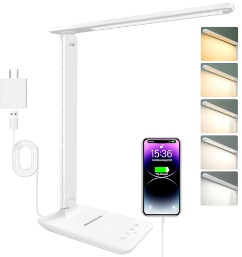 Lampada scrivania dimmerabile lampada da lettura con porta di ricarica USB, 3 modalità di illuminazione, carica wireless,lampada da tavolo portatile pieghevole per la lettura della camera da lett