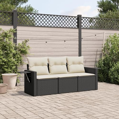 Faroom Balkon Sofa mit Stauraum Gartensofa 3 Sitzer Lounge Sofa Outdoor Rattansofa Sitzecke Balkon Lounge Klein Couch Gartenlounge Polyrattan Balkonmöbel Schwarz und Creme 3-tlg-Type-A274
