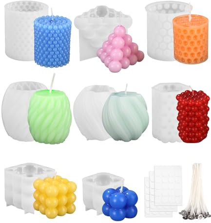 Toaren Lot de 8 moules pour bougies 3D en silicone, kit de moules pour fabrication de bougies artisanales, maison et travaux manuels