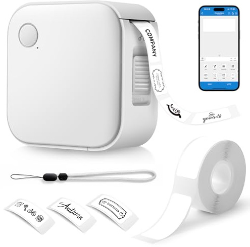 AiQInu Etichettatrice Portatile, Mini Stampante per Etichette Adesive Bluetooth, con 1 Rotolo di Etichette, per IOS e Android, Adatta per Casa, Ufficio, Cucina, Prezzo, Data-Bianco