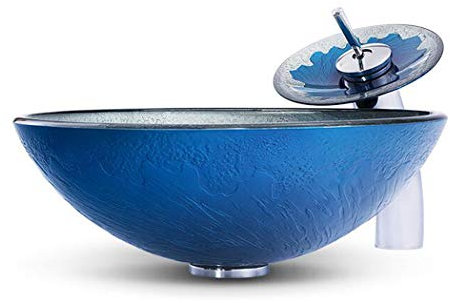 HDMOZUYT Rundes Waschbecken-Set fürs Badezimmer, handgefertigt, Waschbecken aus gehärtetem Glas + Wasserfall-Wasserhahn und Pop-Up-Ablaufstopfen, blau (blau)