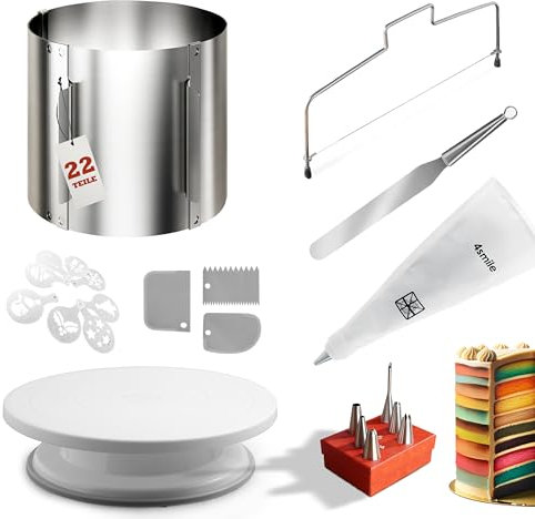 4smile 22 Teile Torten-Zubehör-Set mit Tortenring verstellbar hoch 15 cm + Tortenschneider, Tortenplatte drehbar, Streichpalette, Teigkarte, Spritzbeutel mit Tüllen, Tortenschablone