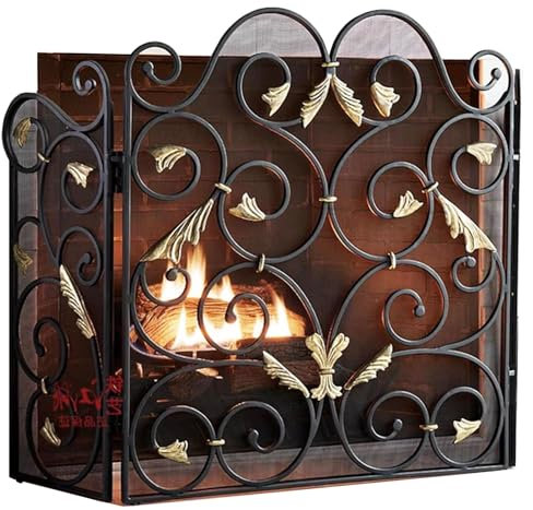 Innovz Kaminschutzgitter Faltbarer Kaminschirm, Freistehend, 3-teilig, Schwarze Kaminabdeckung aus Schmiedeeisen mit Schutzgitter, Feuerschutzgitter für Holzkamin, Holzofen(Height 90cm(35))