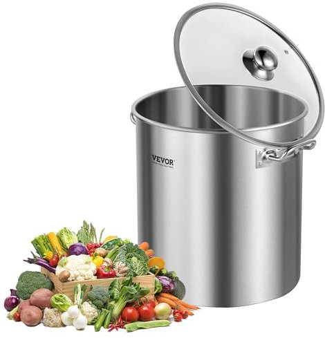 VEVOR Pentola in Acciaio Inossidabile, Pentola 22,7L per Salse con Coperchio e Manico, Pentola Resistente di Grado Commerciale, Trattamento di Macinazione, per Cottura a Vapore, Bollitura, Argento