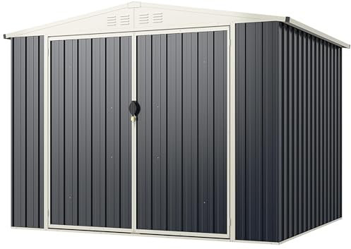 COSTWAY 8 x 6ft Garden Storage Shed, Galvanized Metal With Lockable Door & Pitched Roof, Snap-on Structures for Efficient Assembly, Weatherproof Tool Storage House