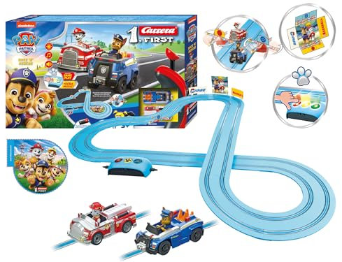 Carrera First PAW Patrol, Race 'N' Rescue – 3,5 Meter Lange Bahn mit Licht-, Sound- & Musikeffekten, interaktive Funktionen – Für aufregende Rettungsmissionen und Abenteuer im Kinderzimmer