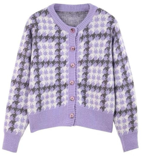 YYDPYZBD Strickjacken Für Damen Frauen Cardigan Sweet Plaid Langarm Weibliche Pullover O Neck Damen Tops-Purple-m