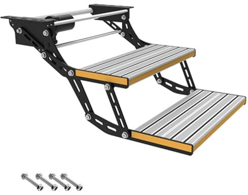 WANGCEPLSD Marchepieds pour Camping-Car, Escabeau 2 Marches, Alliage D'aluminium, Bande Antidérapante en Caoutchouc, Manuel et Automatique, avec Bande Réfléchissante, 150 Kg