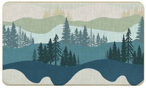 WARDOS Boho Mountain Blue Forest Door Mat, Tranquil Pine Trees Welcome Mats Doormat for Front Door Porch Patio Yard Indoor Outdoor Entrance Entryway, 17x30 Inches
