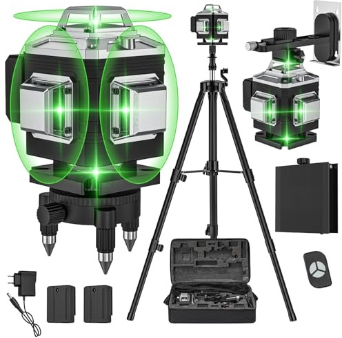 Niveau Laser 4 x 360° Autonivelant, Laser Chantier 4D 16 Lignes Verticale/Horizontale avec 2 x Batterie Rechargeable, Nivellement Automatique, Support Réglable, Base Rotative, Télécommande, IP54