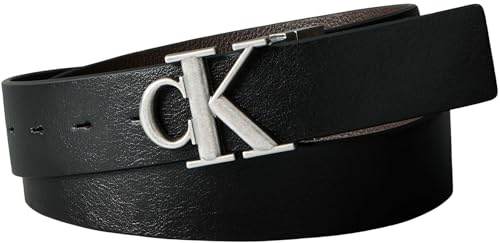 Calvin Klein Uomo Cintura Buckle Tumbled 3,5 cm in Pelle Leder Reversibile, Nero (Black/Ck Dark Brown/Antique Silver), 85 cm